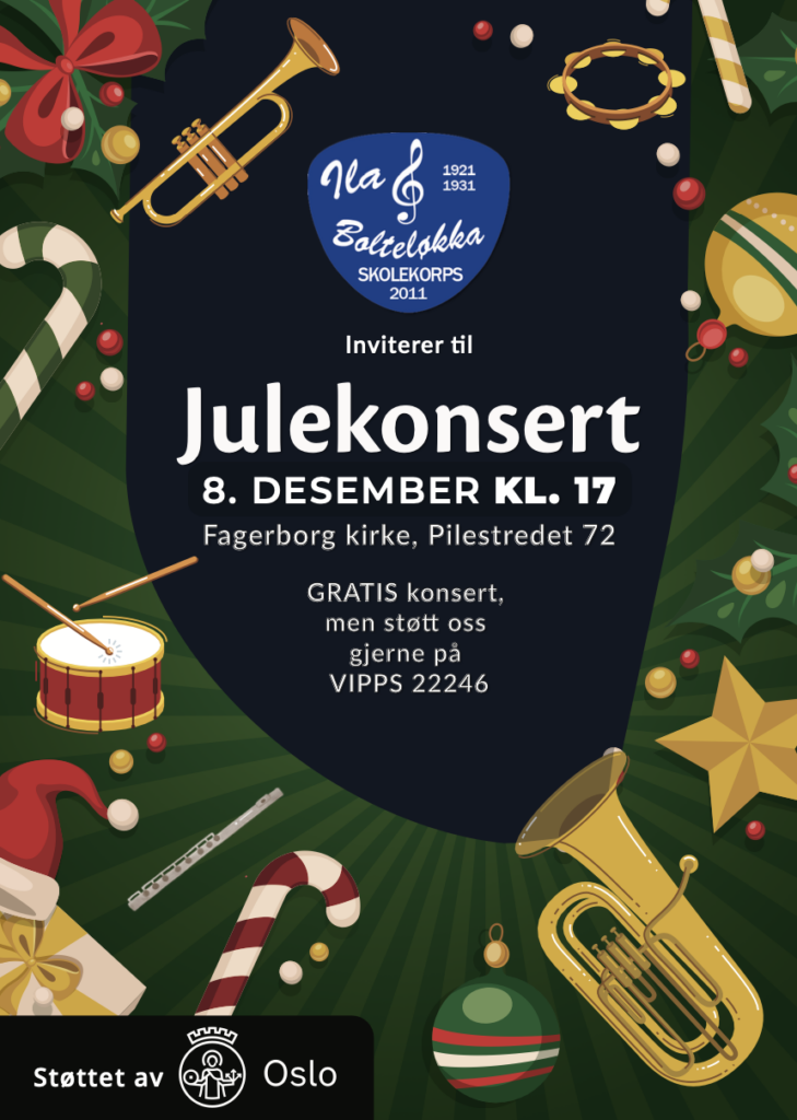 Plakat for julekonsert. Ulike instrumenter og juledekorasjoner på varm grønn bakgrunn. Korpsets logo og tekst om konserten i midten.